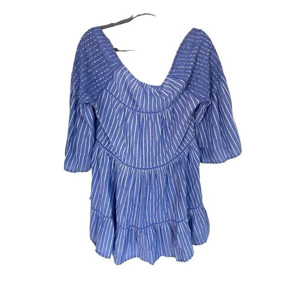 Free People Lola Boho Striped Tiered Dress Chambray Blue Embroidered Lagenlook - Picture 2 of 12